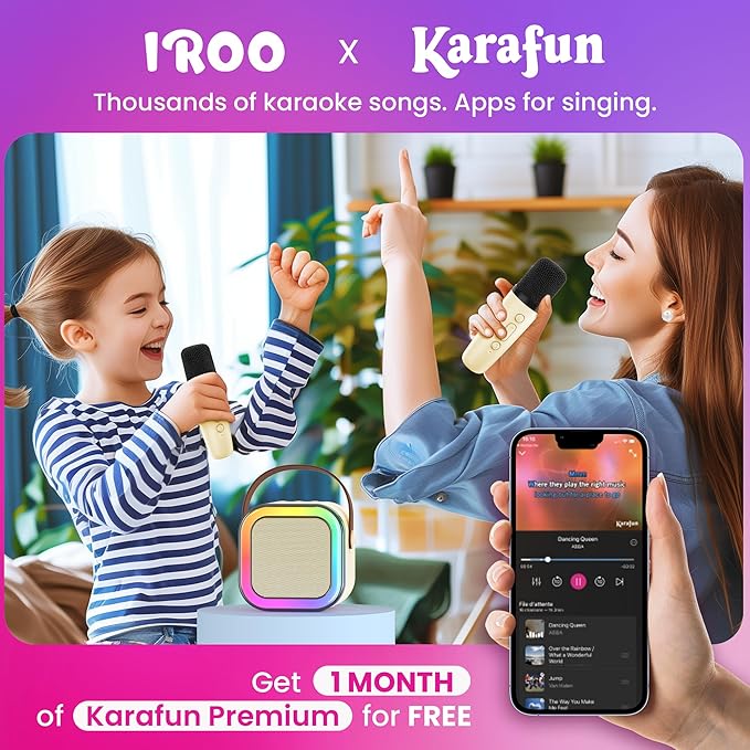 IROO Mini Karaoke Machine for Kids, 2025 TOP Toys Birthday Gifts Ideas for Girls Ages 4, 5, 6, 7, 8, 9, 10, 12+ Years Old, Portable MP3 Player with 2 Wireless Mics for Party-BubblyBeeBaby