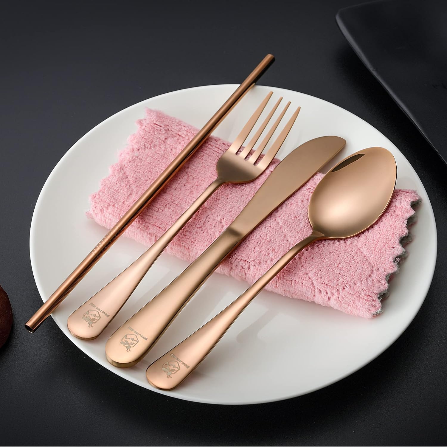 Boulder Bee Travel Utensils | Reusable Camping Cutlery | Stainless Steel Flatware | Portable Silverware Set with Case | Includes Knife/Fork/Spoon/Straw/Cleaning Cloth (Rose Gold)