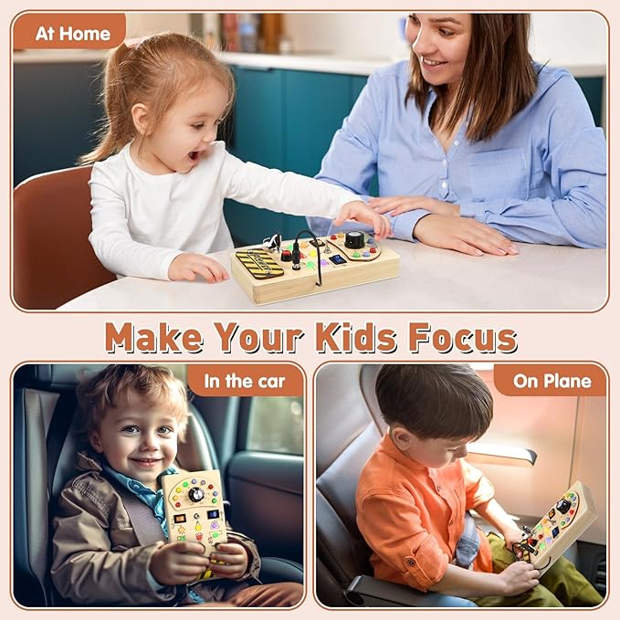 Joyreal Toddler Busy Board, Wooden Montessori Busy Board Sensory Board with LED Light Switch, Sensory Toys Baby Fidget Board Travel Toys for Toddler-BubblyBeeBaby