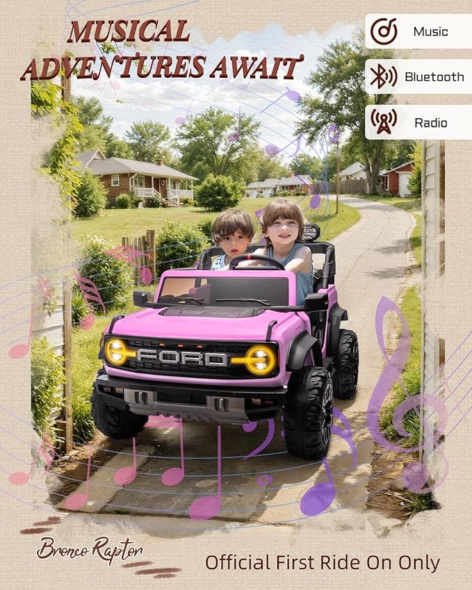 24V Ride on Toys for Big Kids, Licensed Ford Bronco Raptor 2 Seater Ride on Cars with Remote Control, Ride on Truck w/ 4-Wheeler Suspension, 3 Speeds, Led Lights, Bluetooth (24V, Pink)-BubblyBeeBaby