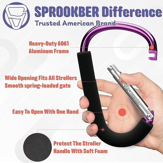 sprookber 6.7 Inch Large Stroller Hooks for Diaper Bags & Purses, Heavy Duty Mommy Hooks for Shopping, Grocery, Backpack – Baby Stroller Accessories, Set of 2 (Pink)-BubblyBeeBaby