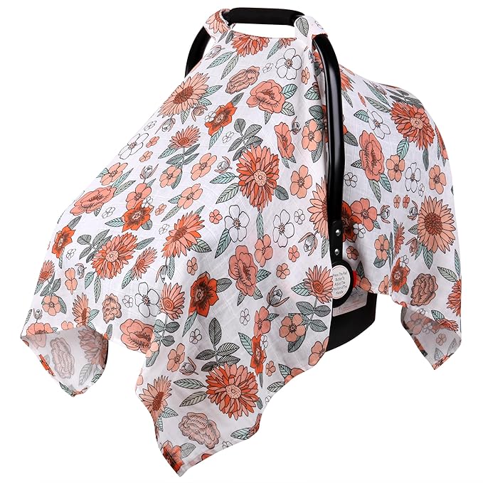 Rquite Car Seat Cover, Muslin Cotton Infant Car Seat Canopy, Breathable Baby Carrier Cover, Summer Stroller Sun Shade, Flower-BubblyBeeBaby