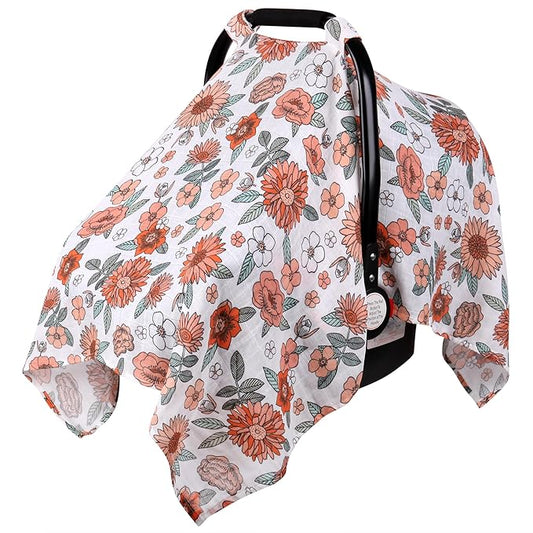 Rquite Car Seat Cover, Muslin Cotton Infant Car Seat Canopy, Breathable Baby Carrier Cover, Summer Stroller Sun Shade, Flower-BubblyBeeBaby