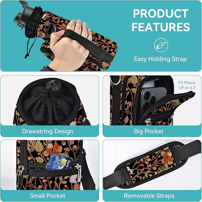 25/32/40/64oz Water Bottle Bag Holder Carrier-Insulated Crossbody Sling Case Sleeve with Strap & Pockets for Men Women Gym Cycling Travel Walking Hiking Camping-BubblyBeeBaby