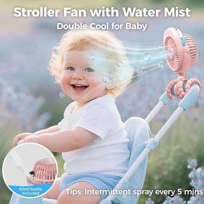 2025 Upgarded 4000mAh Misting Baby Stroller Fan, Rechargeable Battery Operated,Max 15Hrs Cooling,50ml Portable Water Sprayer Misting Fan with Flexible Tripod Clip on Car Seat Crib Treadmill Bunk Bed-BubblyBeeBaby