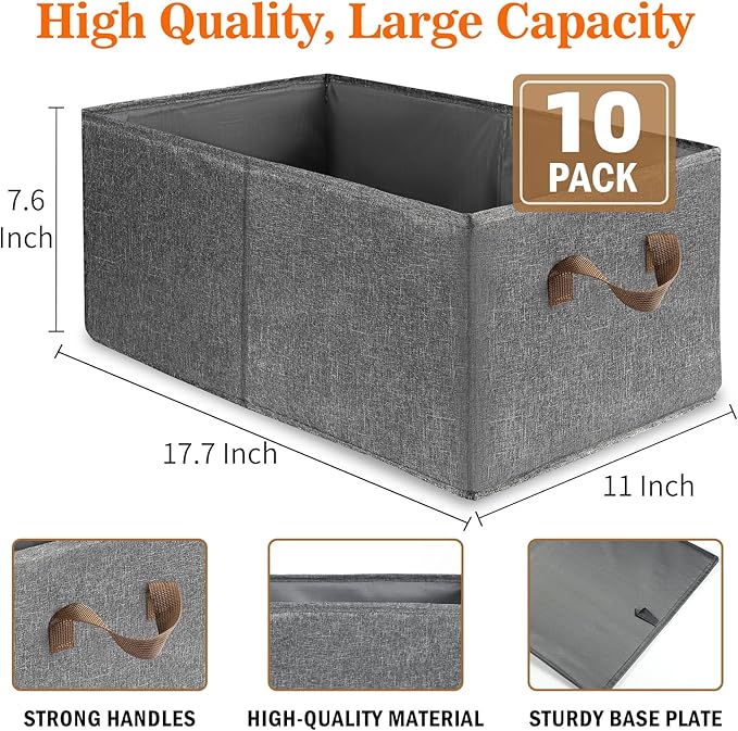 10 Pack Large Capacity Storage Bins, 25L Fabric Closet Organizer With Handles, Collapsible Baskets for Shelves, Clothing, Sheets, Books, Toys (Gray)-BubblyBeeBaby