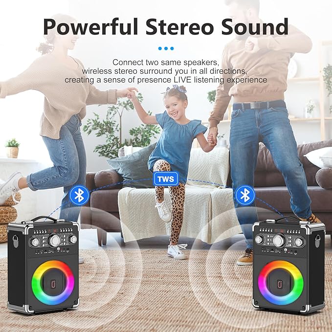 Karaoke Machine with 3 Wireless Microphones for Adults, Portable Bluetooth Party Speaker with Echo Adjustment, Singing Machine Support TWS/USB/TF Card/Guitar/TV Connected for Outdoor/Events etc-BubblyBeeBaby