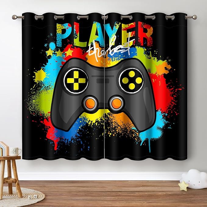 Jekeno Gaming Game Controller Blackout Curtains - Colorful Gamer Gamepad Decor for Kids Boys Teens Teenager Bedroom Home Living Room Darkening Grommet Window Drapes 2 Panel Set, 42"x63"-BubblyBeeBaby