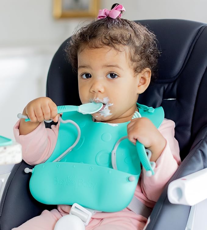 BUSY BABY Bungee Bib & Utensil Set – Adjustable Silicone Bib with Pocket & Tethered Utensils for Babies & Toddlers-BubblyBeeBaby
