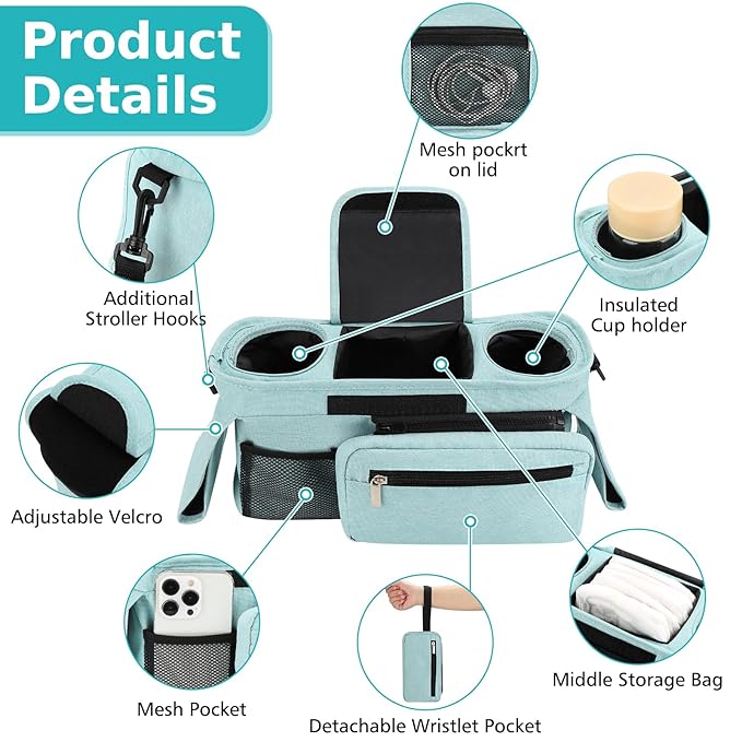Accmor Universal Stroller Organizer with Insulated Cup Holder Detachable Phone Bag and Shoulder Strap,Stroller Bag Caddy Organizer Accessories Fits for Uppababy, Baby Jogger, Britax Strollers-BubblyBeeBaby