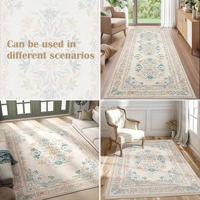 jinchan Vintage Floral Runner Rug 2x5 - Machine Washable Distressed Design Non-Slip Low-Pile Soft Thin Carpet for Hallway Kitchen Farmhouse Bedroom Entryway Laundry Room (2x5ft,Apricot Multi)-BubblyBeeBaby