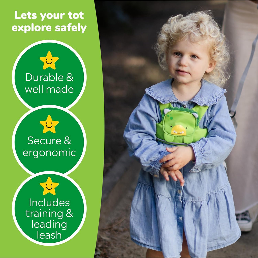 Trunki Toddler Leash - Fuss Free Toddler Walking Reins & Kids Safety Harness | Baby Leash for Kids – Dudley Dinosaur (Green)