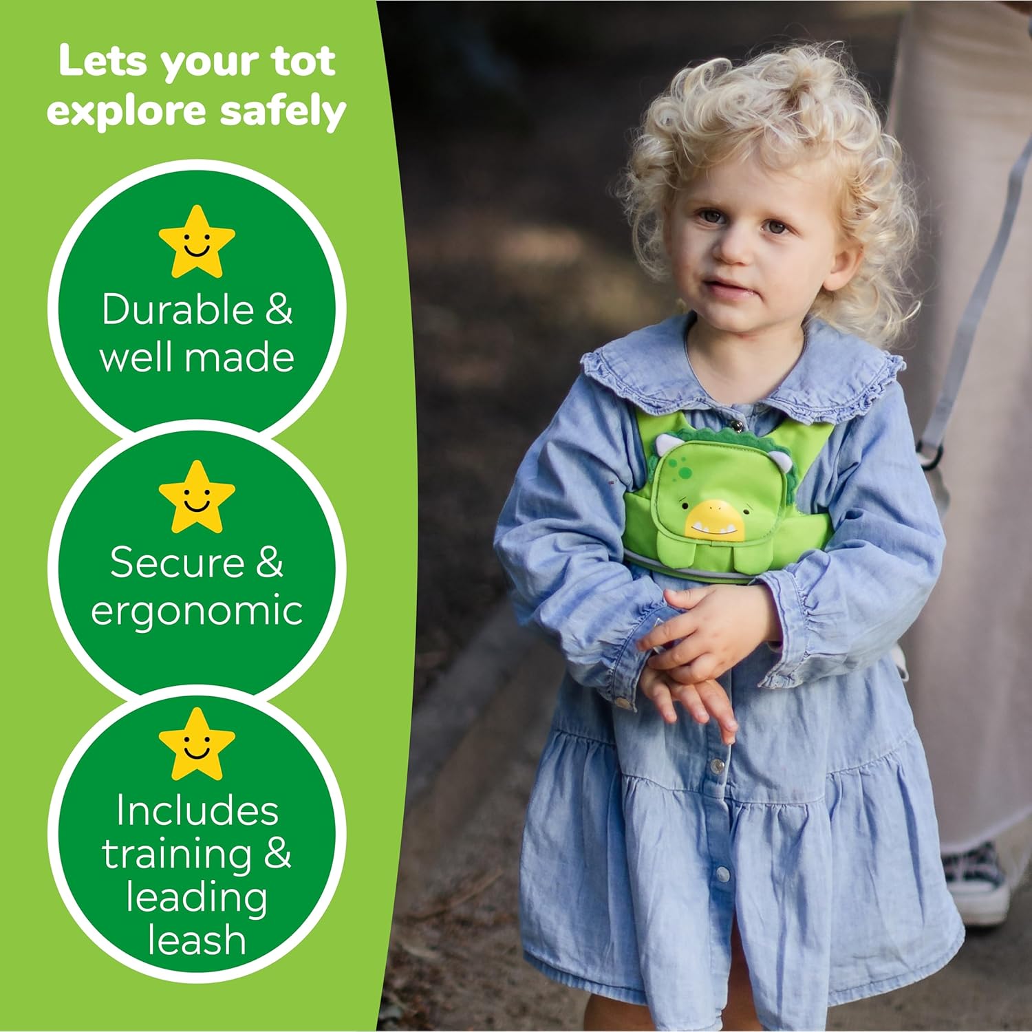 Trunki Toddler Leash - Fuss Free Toddler Walking Reins & Kids Safety Harness | Baby Leash for Kids – Dudley Dinosaur (Green)