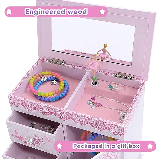 Jewelkeeper - Ballerina Jewelry Box for Girls with 3 Pullout Drawers - Ballerina Music Box with Swan Lake Tune - Ballet Slipper Design - Jewelry Storage Organizer for Necklaces and Bracelets-BubblyBeeBaby