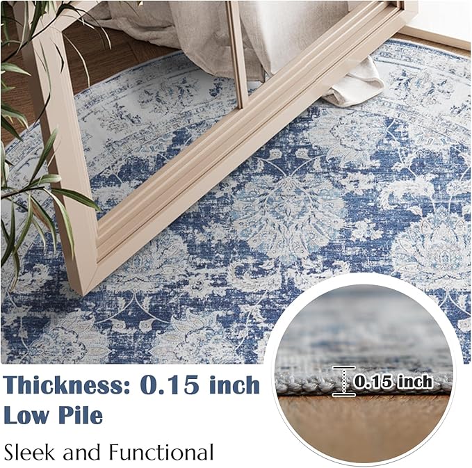 jinchan Round Rug 8ft Area Rugs Vintage Floral Distressed Design Machine Washable Non-Slip Low-Pile Ultra-Thin Circle Rug for Living Room Dining Room Bedroom Home Office Farmhouse (8' Round,Dark Blue)-BubblyBeeBaby