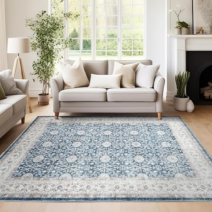 jinchan Floral Area Rugs 4x6 Machine Washable Vintage Distressed Boho Design Throw Rug Stain Resistant Carpet Low Pile Ultra-Thin Non-Slip for Bedroom Living Room Dining Room Kitchen(4‘x6',Drak Blue)-BubblyBeeBaby