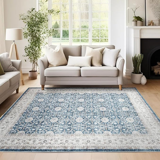 jinchan Floral Area Rugs 4x6 Machine Washable Vintage Distressed Boho Design Throw Rug Stain Resistant Carpet Low Pile Ultra-Thin Non-Slip for Bedroom Living Room Dining Room Kitchen(4‘x6',Drak Blue)-BubblyBeeBaby