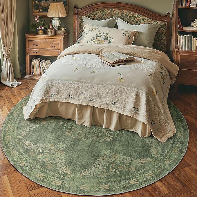 jinchan Round Rug 7ft Area Rugs,Vintage Floral Distressed Design Machine Washable Soft Non-Slip Low-Pile Ultra-Thin Circle Rug for Living Room Dining Room Bedroom Home Office (7' Round,Dark Green)-BubblyBeeBaby