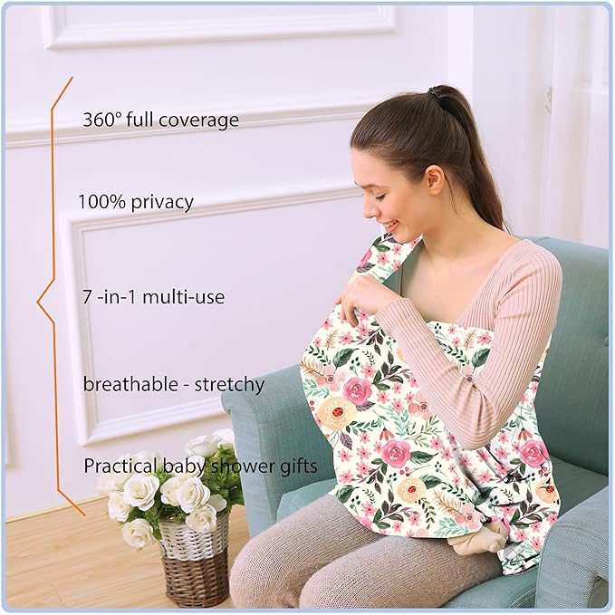 Nursing Carseat Canopy Breastfeeding Cover - Multi-use Stretchy Car Seat Covers for Babies, Baby Shower Gifts (Pink Floral)-BubblyBeeBaby