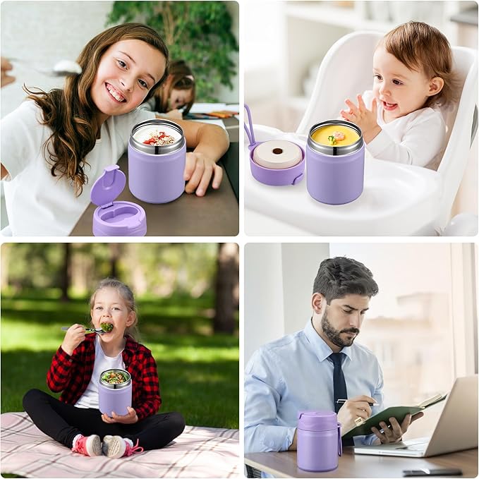 17oz Soup Thermo for Hot Food Kids,Insulated Food Jar with Spoon,Thermo Hot Food Lunch Container,Wide Mouth Leakproof Stainless Steel Lunch Box for School-Purple-BubblyBeeBaby