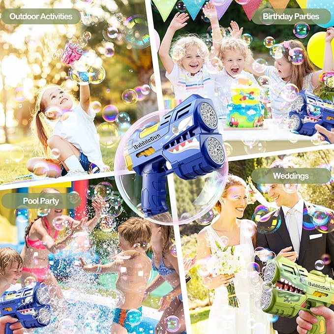 2 Pack Bubble Guns for Kids, LED Light Up Rechargeable Bubbles Machine Blower with 4 Bottles Refill Solution, Toddlers 4-8 Wedding Birthday Easter Party Gift-BubblyBeeBaby