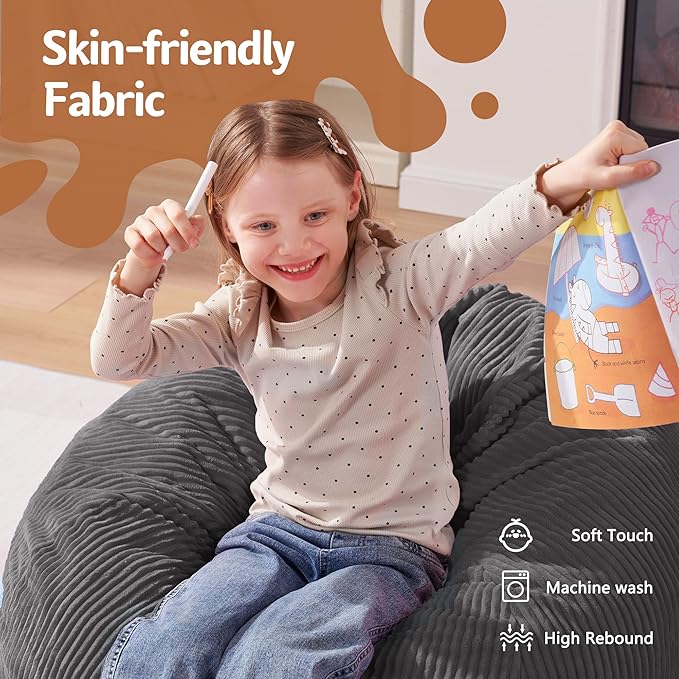 Homguava 2FT Bean Bag Chair,Teardrop Bean Bags Small Beanbag Chair with Memory Foam Filled and Ultra Soft Corduroy Cover for Living Room, Bedroom (Small,Grey)-BubblyBeeBaby