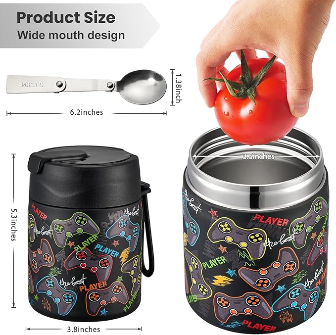 17oz Soup Thermo for Hot Food Kids,Insulated Food Jar with Spoon,Thermo Hot Food Lunch Container,Wide Mouth Leakproof Stainless Steel Lunch Box for School-Black Game-BubblyBeeBaby