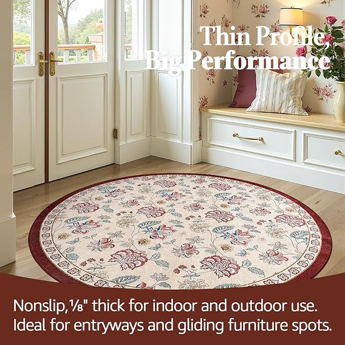 jinchan 5ft Floral Round Rug for Entryway Washable Kitchen Rug Vintage Romance Design Non Slip Indoor Doormat Lightweight Low-Profile Throw Carpet for Living Room Dining Room Bedroom, Red/Beige-BubblyBeeBaby