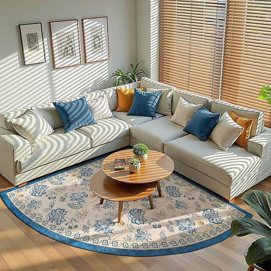 jinchan Floral Corner Rug for Kitchen Washable Nursery Rug Vintage Romance Design Non Slip Quarter Circle Lightweight Low-Pile Throw Carpet for Playroom Reading Nook Office, 5ft Radius, Blue/Beige-BubblyBeeBaby