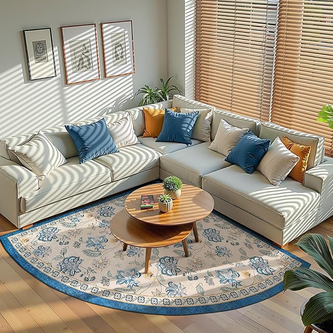 jinchan Floral Corner Rug for Living Room Washable Bedroom Rug Vintage Romance Design Non Slip Quarter Circle Lightweight Low-Pile Throw Carpet for Reading Nook Playroom,6ft Radius, Blue/Beige-BubblyBeeBaby