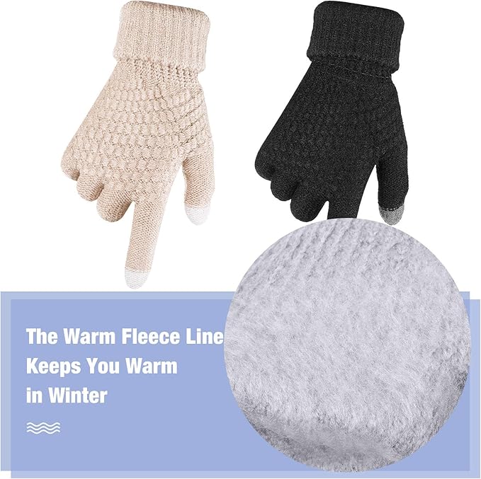 Geyoga 2 Pairs Women's Winter Touch Screen Gloves Soft Warm Fleece Lined Knit Elastic Cuff Winter Texting Gloves-BubblyBeeBaby