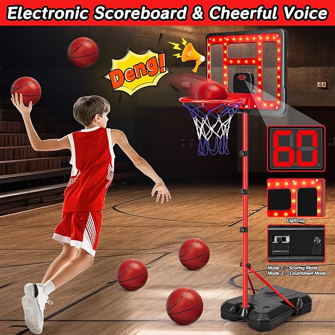Kids Basketball Hoop Adjustable Height 3.5FT-6.2FT, Indoor Outdoor Toddler Basketball Hoop with LED Scoreboard, Boys Basketball Toy for 3 4 5 6 7 8 Years Gift, Portable Basketball Goals Sport Game-BubblyBeeBaby