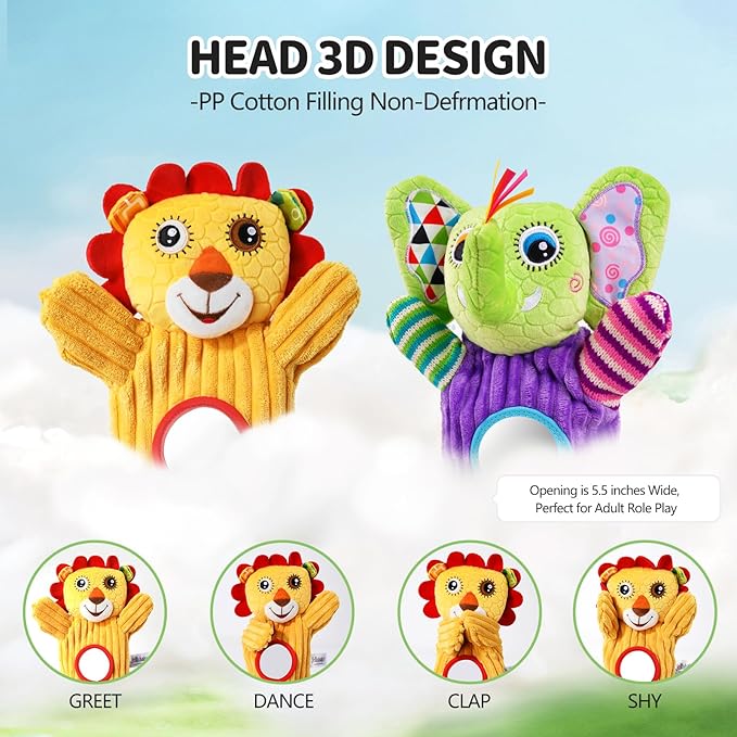 Jollybaby Hand Puppets Baby Toy 0-6-12 Months, Plush Stuffed Animal Hand Puppets Toys for Kids，Sensory Doll with Rattle and Mirror for Toddler，Social Emotional Play Therapy Toys for Boy Girl Gift-BubblyBeeBaby