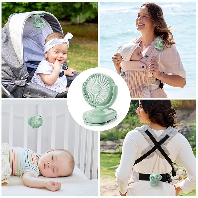 Momcozy Portable Fan with Clip | 4-Speed Mini-Fan for Carrier | Personal Fans Ultra Lighter 0.26lb | Gaps ≤4.5mm | Handheld Cooling | Rechargeable Rotate for Diaper Backpack/Stroller/Carrier/Chair-BubblyBeeBaby