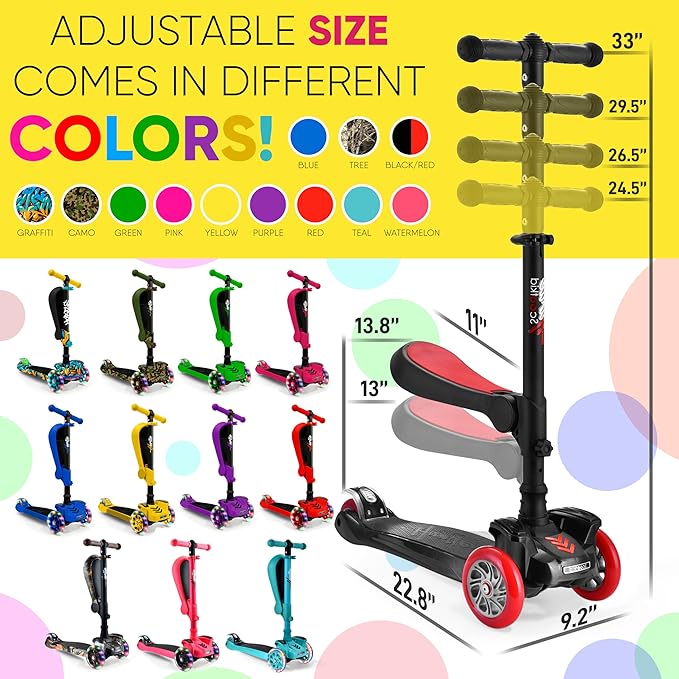 Hurtle 3-Wheeled Scooter for Kids - Wheel LED Lights, Adjustable Lean-to-Steer Handlebar, and Foldable Seat - Sit or Stand Ride with Brake for Boys and Girls Ages 1-14 Years Old-BubblyBeeBaby