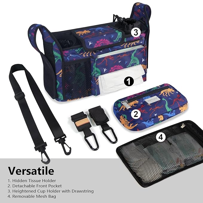TOPDesign Universal Baby Stroller Organizer, Stroller Caddy with Detachable Mesh Bag & Heightened Insulated Cup Holders & Non-Slip Secure Hooks Accessories, Fits Most Strollers (Dino Fossils)-BubblyBeeBaby