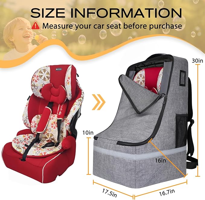 Car Seat Travel Bag for Airplane,Infant Seat Travel Bag with Shoulder Strap,Padded Car Seats Backpack with Reflective Stripes,Large Carseat Carrier Bag Travel Car Seat Cover,Grey-BubblyBeeBaby