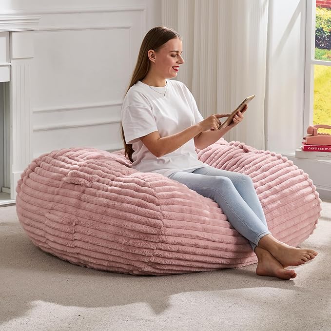 Hobestluk 3FT Bean Bag Chairs Adult Bean Bag with Portable Handle Comfy Large Bean Bag Chair with Removable Cover for Living Room Bedroom or Reading Nook (Stripe Pink, 3FT)-BubblyBeeBaby