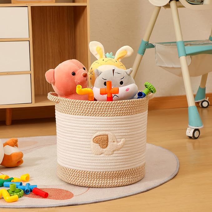 INough Toy Storage Baskets Woven Cotton Rope Storage Basket for Kids, Blanket Baskets for Living Room Toy Basket Box Toys Organizer with Embroidery Decor Cute Baskets for Nursery, Playroom (Elephant)-BubblyBeeBaby