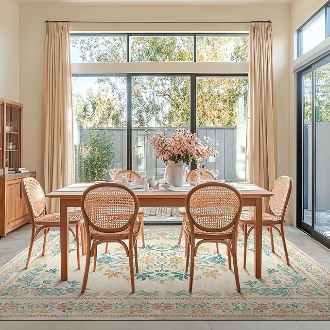 jinchan Vintage Floral 6x9 Area Rugs for Living Room - Machine Washable Distressed Design Soft Throw Rug Ultra-Thin Non-Slip Large Carpet for Bedroom Nursery Dining Room Home Office (6x9ft,Apricot)-BubblyBeeBaby