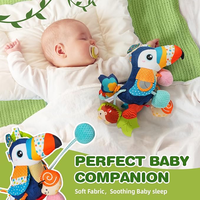 Jollybaby Musical Activity Pull String Hanging Toy for Baby Stroller Car Seat Crib Play Gym, Plush Stuffed Toucan Toy for Carseat with Music Teether Rattles, Sensory Toy for Baby Gift-BubblyBeeBaby