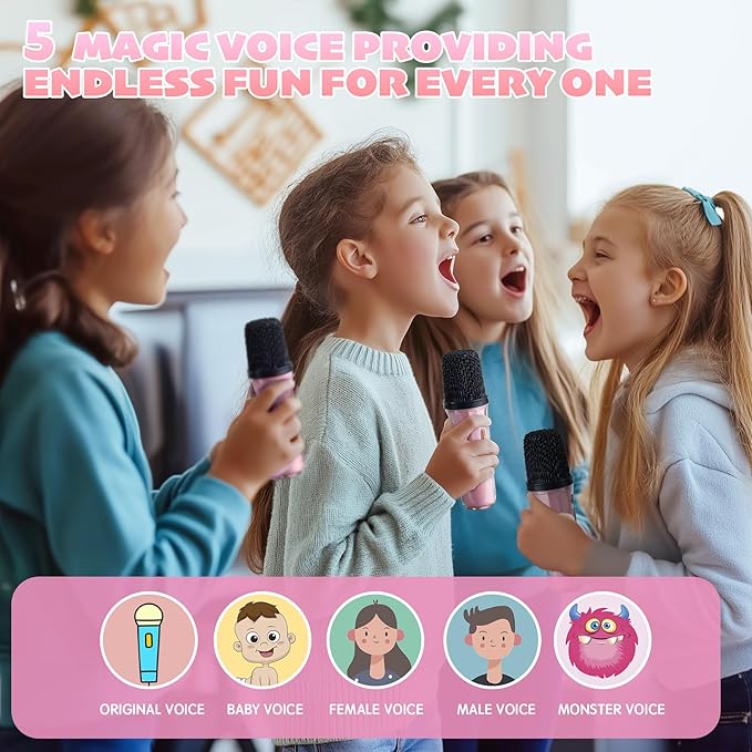 Karaoke Machine for Kids & Adults, Portable Bluetooth Mini Karaoke Speaker with 2 Wireless Microphone and Lights, Birthday Gifts for Girls & Boys, Toys for Girls, Family Home Party (Pink)-BubblyBeeBaby
