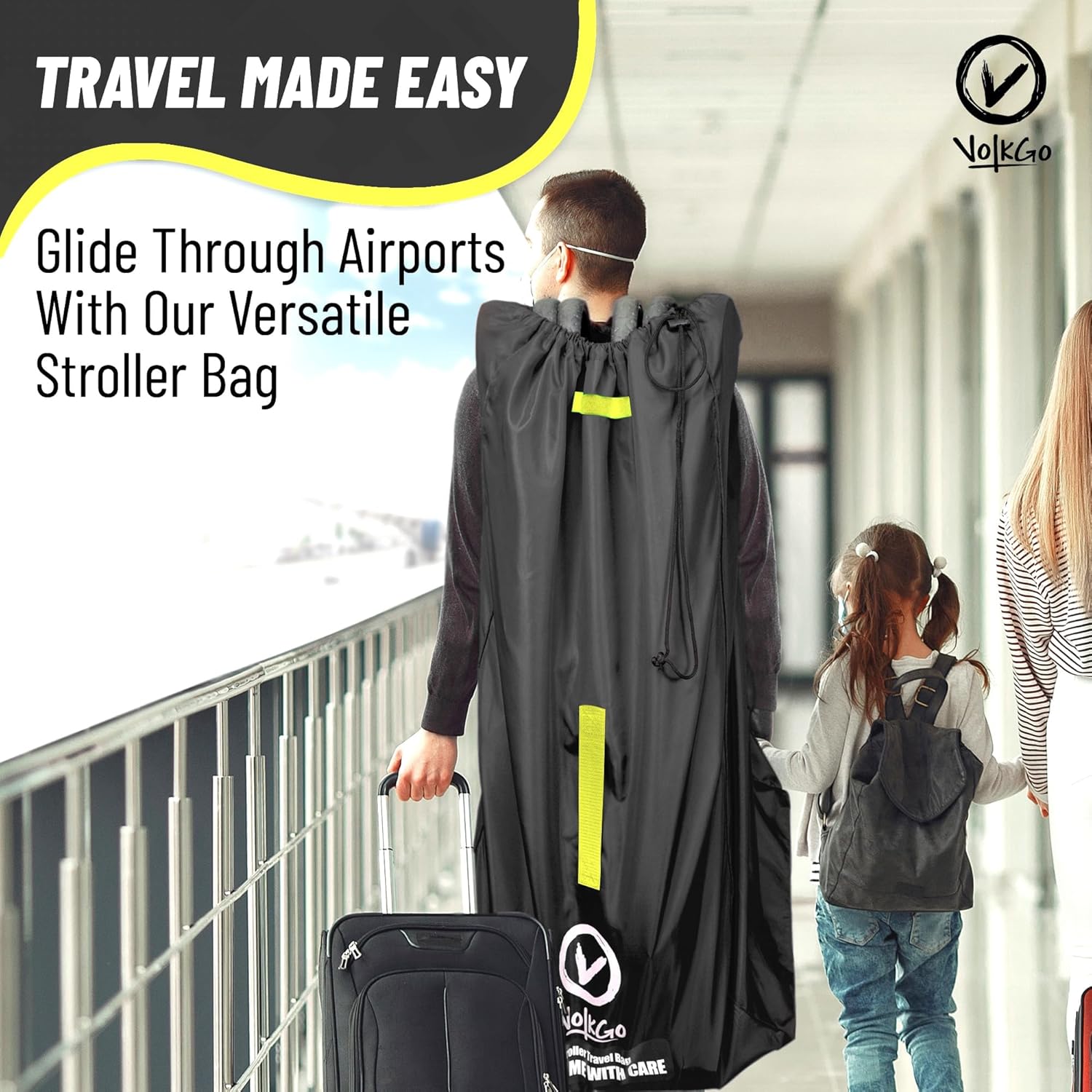 V VOLKGO Super Extra Large Stroller Bag for Airplane with Padded Backpack Shoulder Straps, Double Stroller Cover for Air Travel, Jogger & Carrier - Fits All, Gate Check Bag, Waterproof Travel Cover.