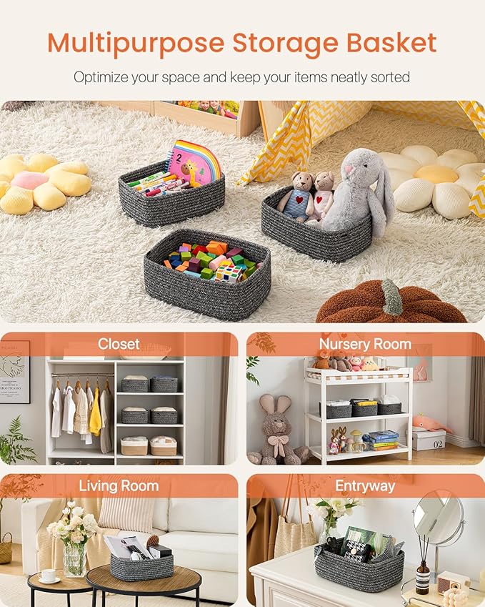 KALLAX Small Woven Basket, 12 x 8 x 4.5 Inches, Storage Basket for Organizing, Cute Small Rope Shelf Closet Cube Storage Bins Baskets for Shelves, Dog Toy Gift Baskets Empty, 3 Pack Mixed Black-BubblyBeeBaby