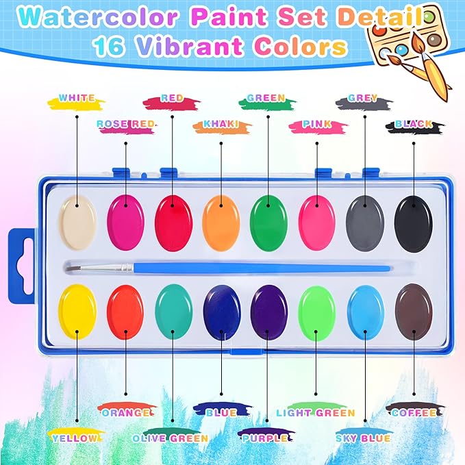 15 Pack Watercolor Paint Set for Kids, 16 Colors Washable Water Colors with Paint Brushes, Washable for Classroom Party Favor Art Activities-BubblyBeeBaby