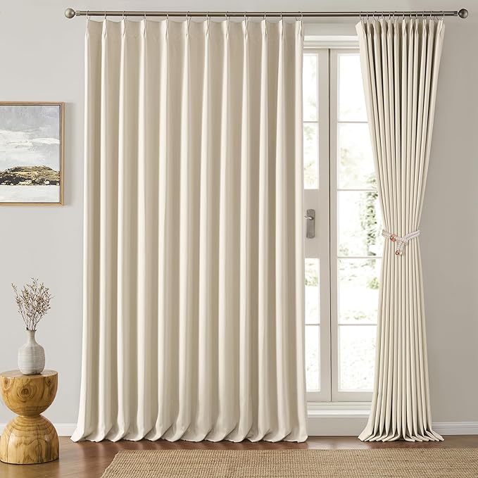 KEQIAOSUOCAI Extra Wide Curtains 80 x 102, Patio Sliding Door Pinch Pleated Blackout Curtains 102 Inches Long 2 Panels Set,Vertical Accordion Style Pleated Oversized Curtains with Hooks, Cream-BubblyBeeBaby