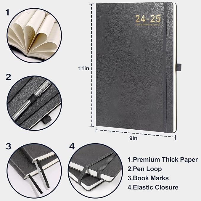 2024-2025 Planner - 2025 Planner Weekly and Monthly, Jul. 2024 - Jun. 2025, 8.5" x 11", Leather Cover Planner with Thick Paper, Back Pocket with Notes Pages - Grey-BubblyBeeBaby