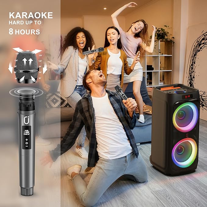 JYX Karaoke Machine with 2 Wireless Microphones for Adults, 8" Big Bluetooth Party Speaker with 500W Peak Power, PA System with LED Disco Light, Rolling Wheels and Trolley, Perfect for Outdoor Home-BubblyBeeBaby