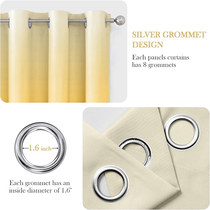 HOMEIDEAS Mustard Yellow Ombre Blackout Curtains 52 X 84 Inch Length Gradient Room Darkening Thermal Insulated Energy Saving Grommet 2 Panels Window Drapes for Living Room, Bedroom-BubblyBeeBaby