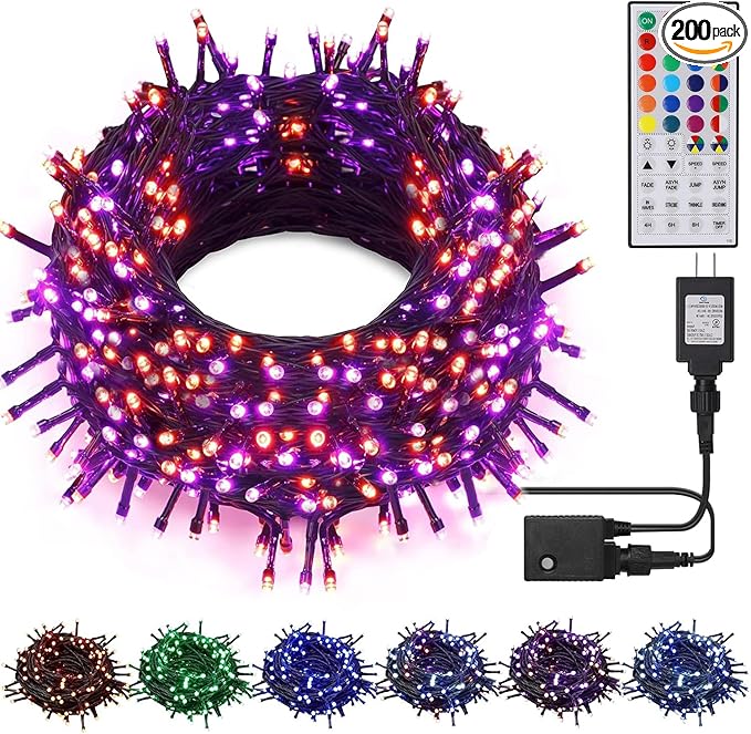 HOME LIGHTING 66ft Christmas Decorative Mini Lights, 200 LED RGB Changing 8 Functional Green Wire Fairy Halloween Lights with Remote Timer, Plug in Indoor Outdoor Xmas Wedding Party Decor-BubblyBeeBaby